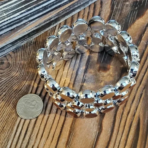 Retro Mid Century Modern Style Wide Acrylic Stretch Bracelet Brown Silver - Picture 4 of 8